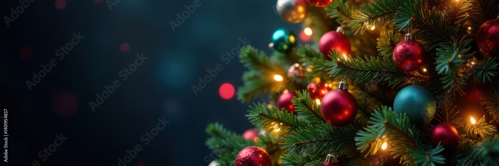 Luxurious Christmas tree adorned with vibrant lights and colorful ornaments, Holiday Season, Twinkling Lights Luxurious Christmas tree adorned with vibrant lights and colorful ornaments, Holiday Season, Twinkling Lights
