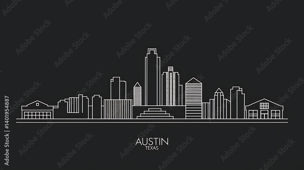 Obraz premium Minimalist Austin City Skyline Silhouette on Black Background with Iconic Downtown Landmarks