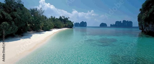 Pristine beach, turquoise water, and lush island scenery