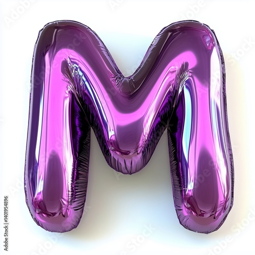 Font M shaped shiny purple bubble glossy plastic alphabet lettering character, isolated white background