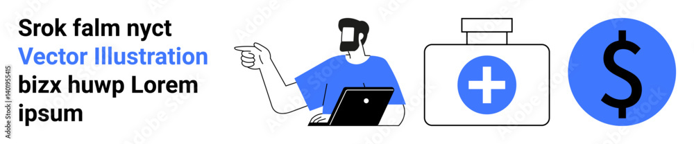 Man with laptop gesturing, medical kit, dollar sign in blue. Ideal for healthcare, finance, analysis, guidance, online solutions, digital tools flat landing page banner Man with laptop gesturing, medical kit, dollar sign in blue. Ideal for healthcare, finance, analysis, guidance, online solutions, digital tools flat landing page banner