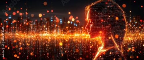 Silhouette of a woman overlaid with city lights, creating a glowing, digitalized effect