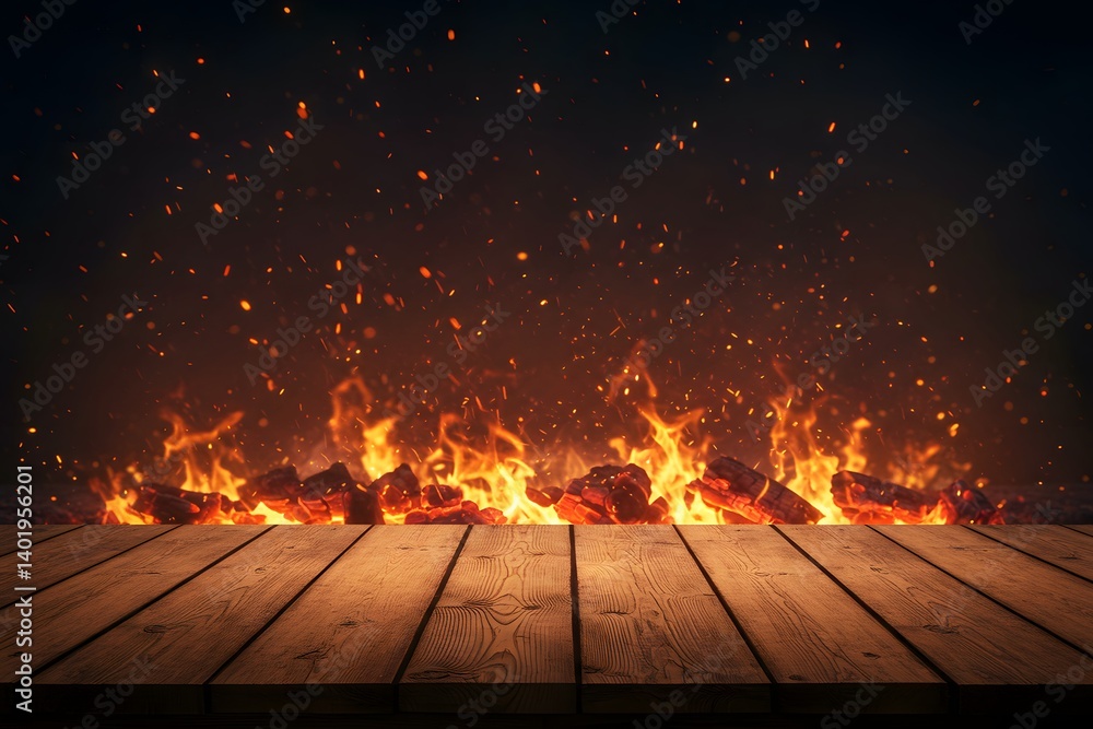 fiery background, glowing embers, sparks flying, Wooden planks stage, Wooden table with Fire burning at the edge of the table for display products. Burnt wooden table amidst flames. dramatic lighting