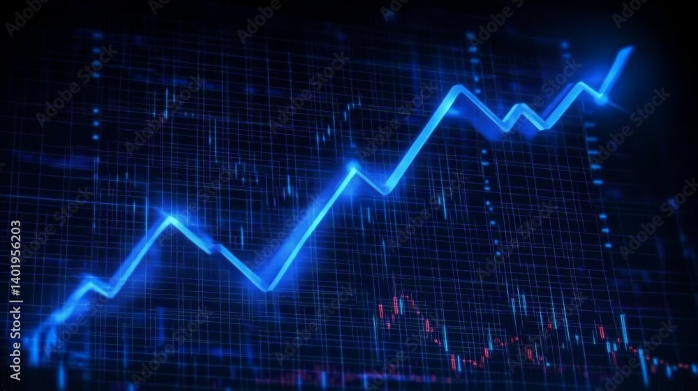 Glowing Stock Market Chart with Upward Trend Line on Dark Blue Background Representing Growth and Business Success Glowing Stock Market Chart with Upward Trend Line on Dark Blue Background Representing Growth and Business Success
