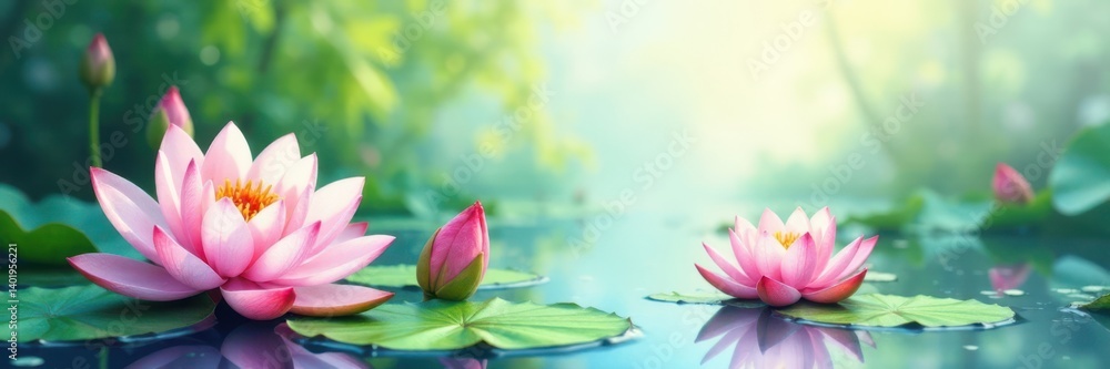 Watercolor design featuring water lilies, lotus flowers, and greenery in soft hues , soft, lotus Watercolor design featuring water lilies, lotus flowers, and greenery in soft hues , soft, lotus