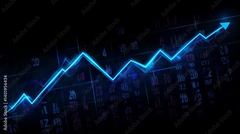 Glowing Stock Market Chart with Upward Trend Line on Dark Blue Background Representing Growth and Business Success Glowing Stock Market Chart with Upward Trend Line on Dark Blue Background Representing Growth and Business Success