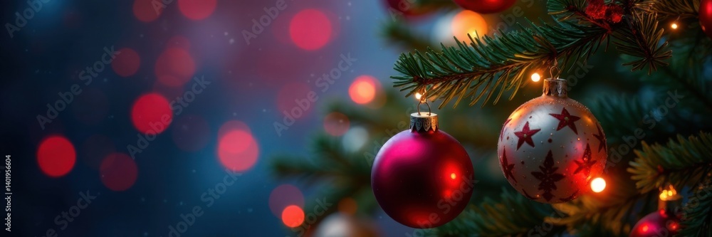 Obraz premium Colorful Christmas tree lights and ornaments on a branch, christmas tree, holiday, decoration