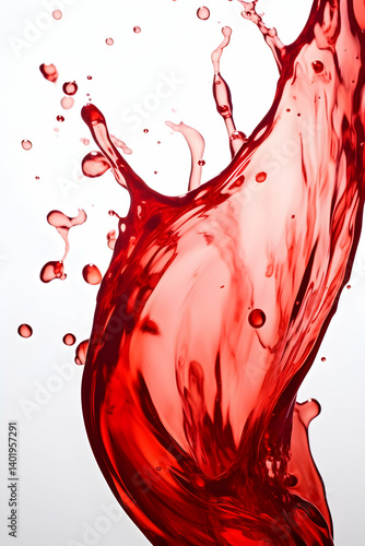 Vibrant red liquid splashing from a glass, isolated on a white background