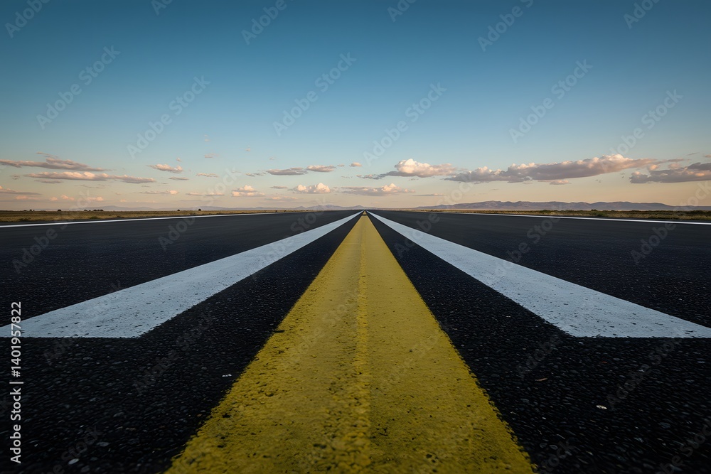 white runway markings, A runway leading towards the blue sky on a sunny day. asphalt texture, blue sky, distant clouds, horizon, Runway perspective, yellow centerline