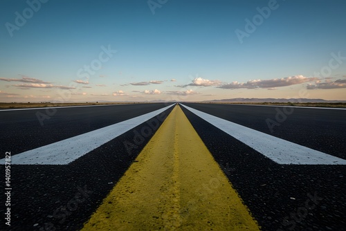 Obraz na płótnie white runway markings, A runway leading towards the blue sky on a sunny day. asphalt texture, blue sky, distant clouds, horizon, Runway perspective, yellow centerline w salonie