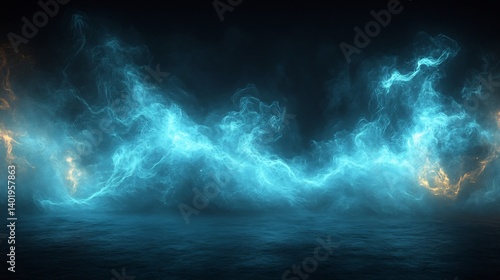 Blue Smoke with Dark Background, Abstract, and Glowing.