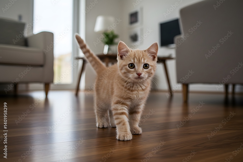 walking on hardwood floor, modern living room interior, Playful orange kitten exploring a bright, modern living room filled with furniture and natural light during the day. Adorable cream tabby kitten