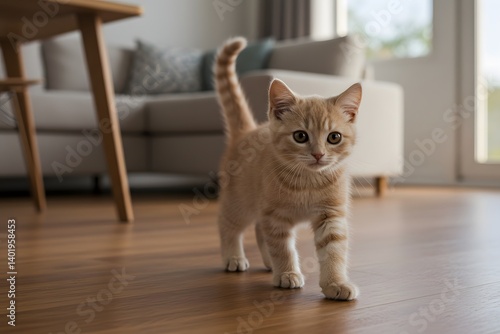 Obraz na płótnie walking on hardwood floor, modern living room interior, Playful orange kitten exploring a bright, modern living room filled with furniture and natural light during the day. Adorable cream tabby kitten w salonie