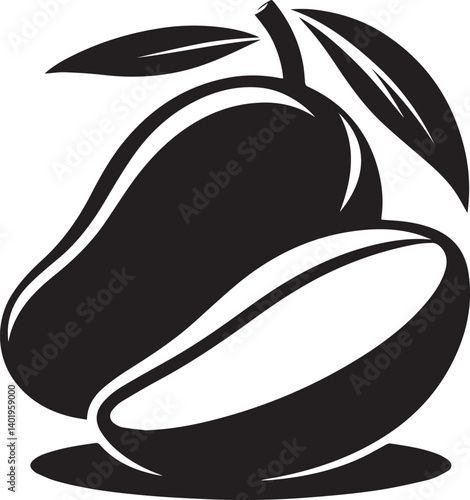 Mango with leaf silhouette, black mango illustration, mango silhouette vector isolated on white background