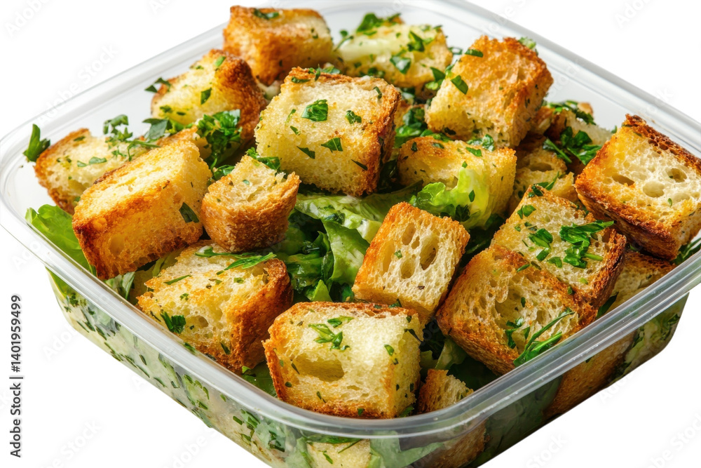 Delicious croutons Caesar salad in a clear plastic container vibrant green lettuce golden brown Delicious croutons Caesar salad in a clear plastic container vibrant green lettuce golden brown