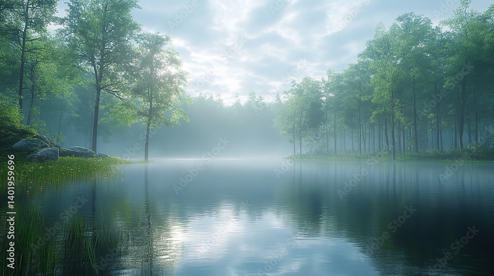 A tranquil lake surrounded by lush green trees reflects a vibrant sky filled with fluffy white clouds offering a serene scene A tranquil lake surrounded by lush green trees reflects a vibrant sky filled with fluffy white clouds offering a serene scene