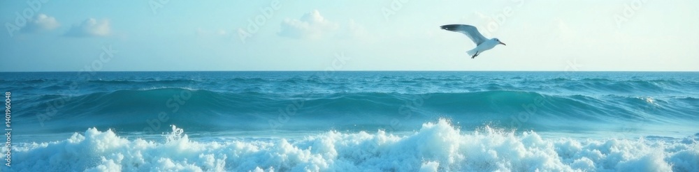 A serene ocean scene with a single seagull soaring in the air amidst waves, ocean, beach, birds A serene ocean scene with a single seagull soaring in the air amidst waves, ocean, beach, birds
