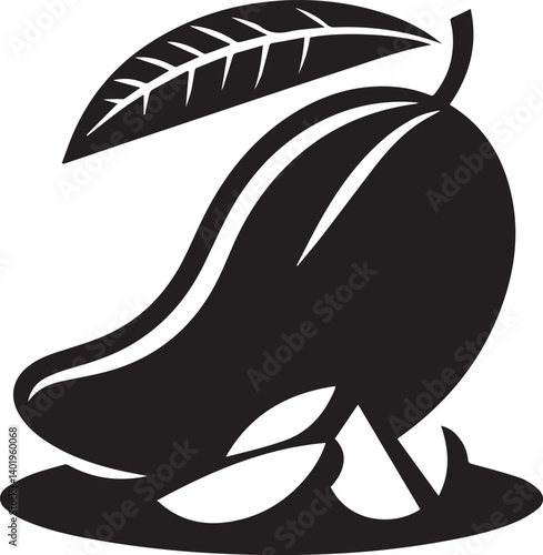 Mango with leaf silhouette, black mango illustration, mango silhouette vector isolated on white background