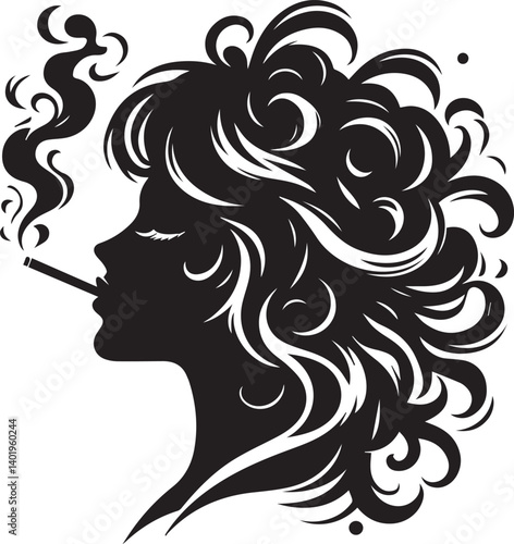 woman smoking head illustration, woman smoking cigarette, shaking head silhouette vector isolated on white background