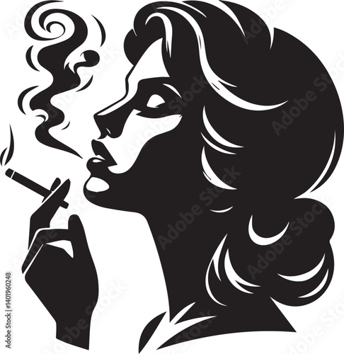 woman smoking head illustration, woman smoking cigarette, shaking head silhouette vector isolated on white background