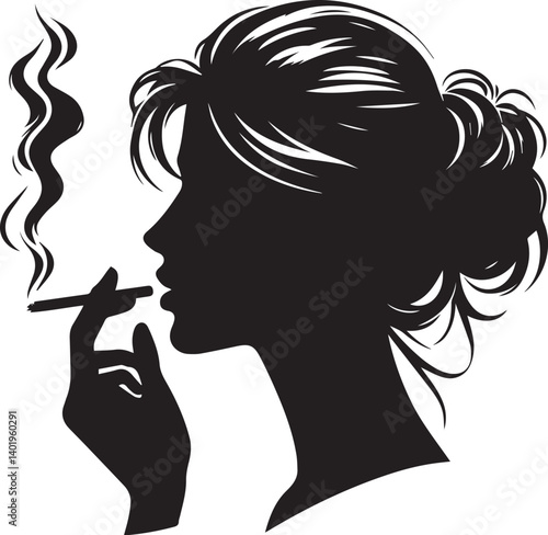woman smoking head illustration, woman smoking cigarette, shaking head silhouette vector isolated on white background