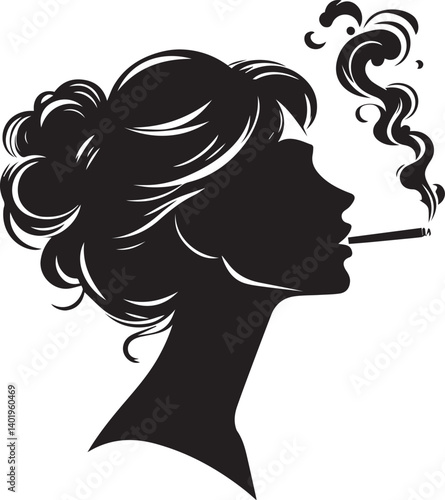 woman smoking head illustration, woman smoking cigarette, shaking head silhouette vector isolated on white background