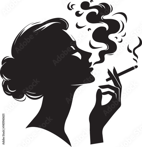 woman smoking head illustration, woman smoking cigarette, shaking head silhouette vector isolated on white background