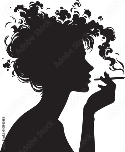 woman smoking head illustration, woman smoking cigarette, shaking head silhouette vector isolated on white background