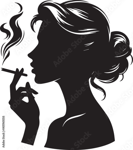 woman smoking head illustration, woman smoking cigarette, shaking head silhouette vector isolated on white background