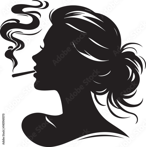 woman smoking head illustration, woman smoking cigarette, shaking head silhouette vector isolated on white background
