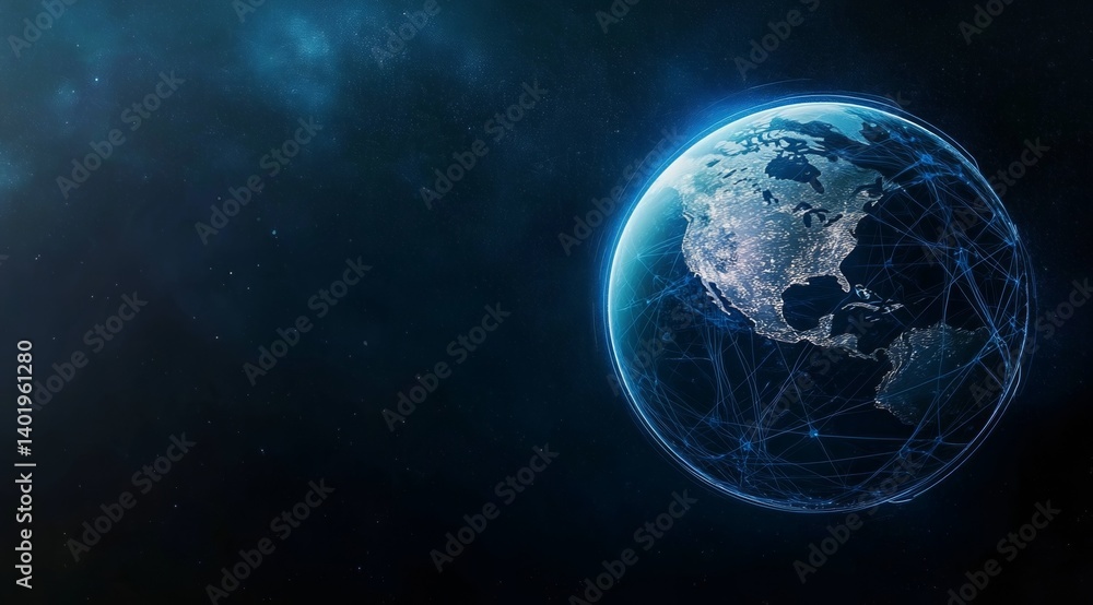 Obraz premium Abstract Planet Earth with Global Network Connectivity and Data Transfer Concept on Blue Background with Dark Gradient and Cinematic Lighting for Technology Banner