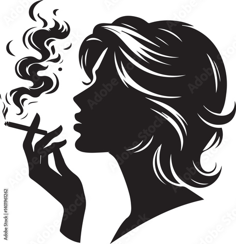 woman smoking head illustration, woman smoking cigarette, shaking head silhouette vector isolated on white background