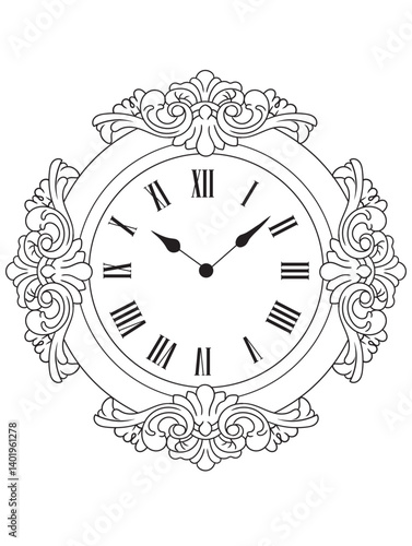 Black and white vintage clock illustration for coloring books. Retro timepiece drawing, ideal for adult coloring pages and printable creative activities.
