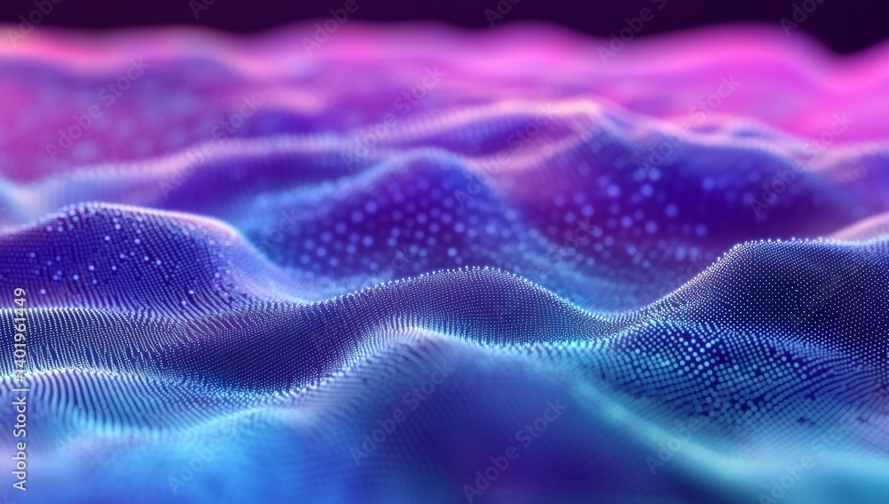 3D Render of Abstract Blue and Purple Gradient Background with Wavy Dotted Surface Representing Big Data Visualization and AI Digital Landscape 3D Render of Abstract Blue and Purple Gradient Background with Wavy Dotted Surface Representing Big Data Visualization and AI Digital Landscape