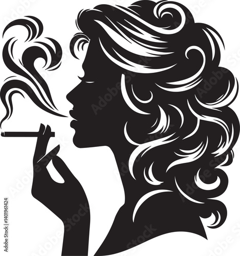 woman smoking head illustration, woman smoking cigarette, shaking head silhouette vector isolated on white background