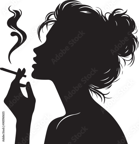 woman smoking head illustration, woman smoking cigarette, shaking head silhouette vector isolated on white background