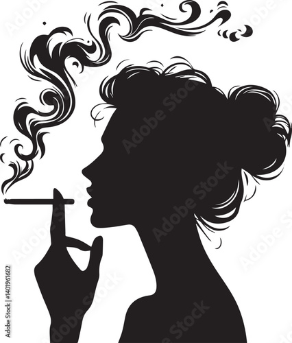 woman smoking head illustration, woman smoking cigarette, shaking head silhouette vector isolated on white background