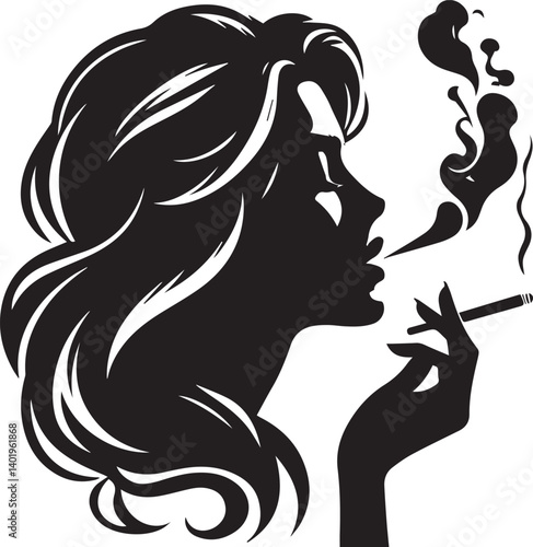 woman smoking head illustration, woman smoking cigarette, shaking head silhouette vector isolated on white background