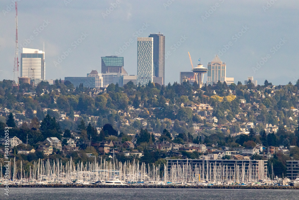 Fototapeta premium Massive marina and skyline of Seattle in the summer - Seattle, Washington, USA