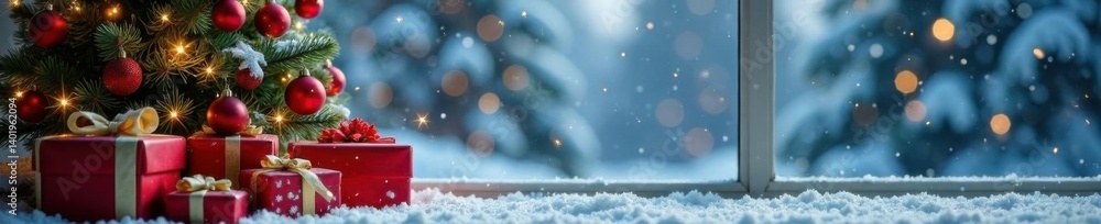 Snowy windowpane background with beautifully decorated Christmas tree and festive gifts, snowflakes, gifts, festive decorations Snowy windowpane background with beautifully decorated Christmas tree and festive gifts, snowflakes, gifts, festive decorations