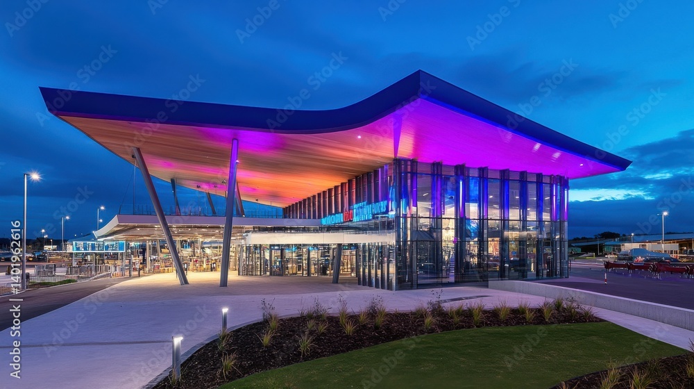 Modern Architectural Design of Vibrant Building at Dusk with Colorful Lighting Effects Modern Architectural Design of Vibrant Building at Dusk with Colorful Lighting Effects