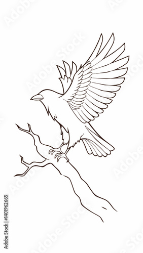 Silhouette of a Bird Taking Flight From a Branch in a Striking Black and White Design During Twilight Hours Generative AI