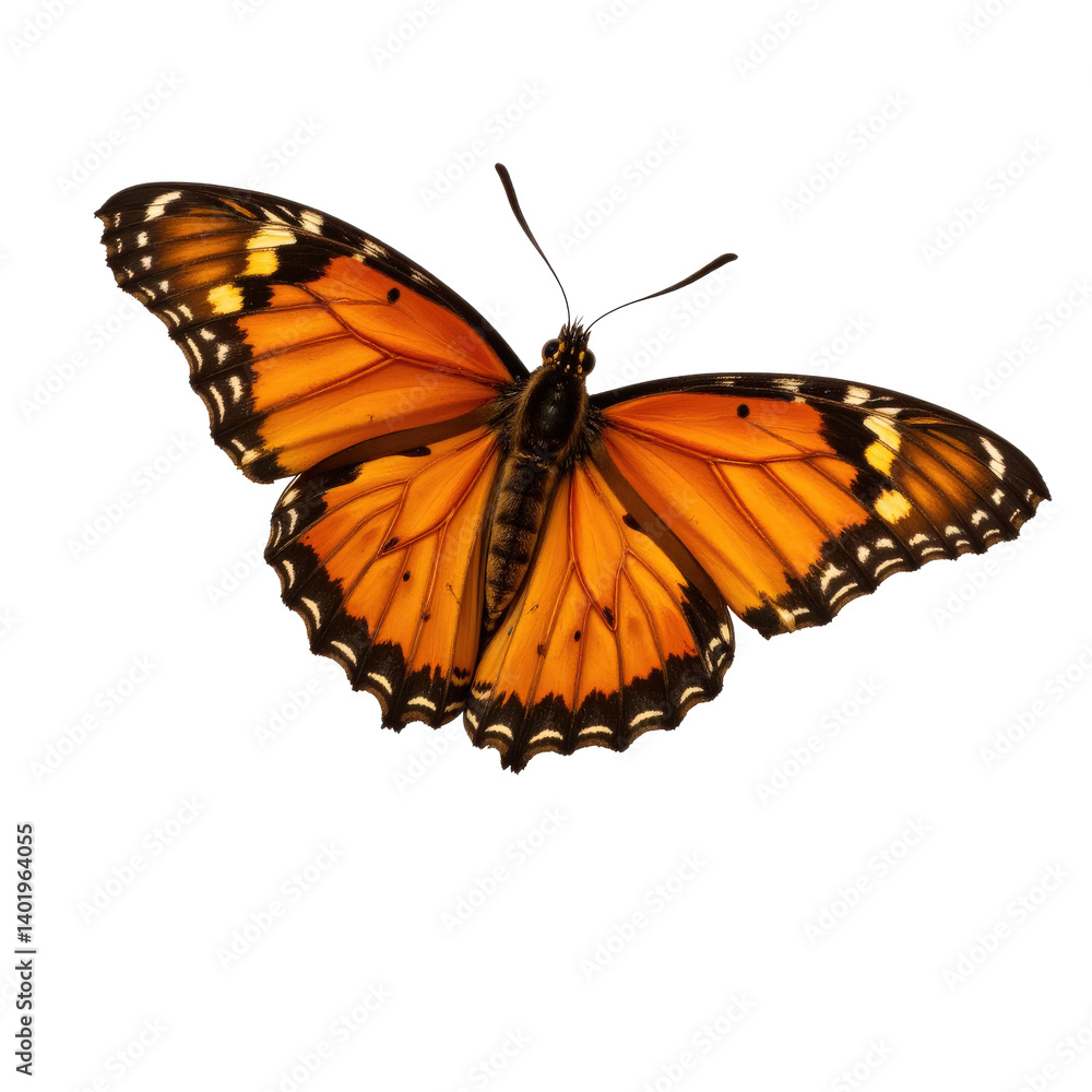 A vibrant orange butterfly with black and white markings on its wings, isolated on a transparent background. A vibrant orange butterfly with black and white markings on its wings, isolated on a transparent background.