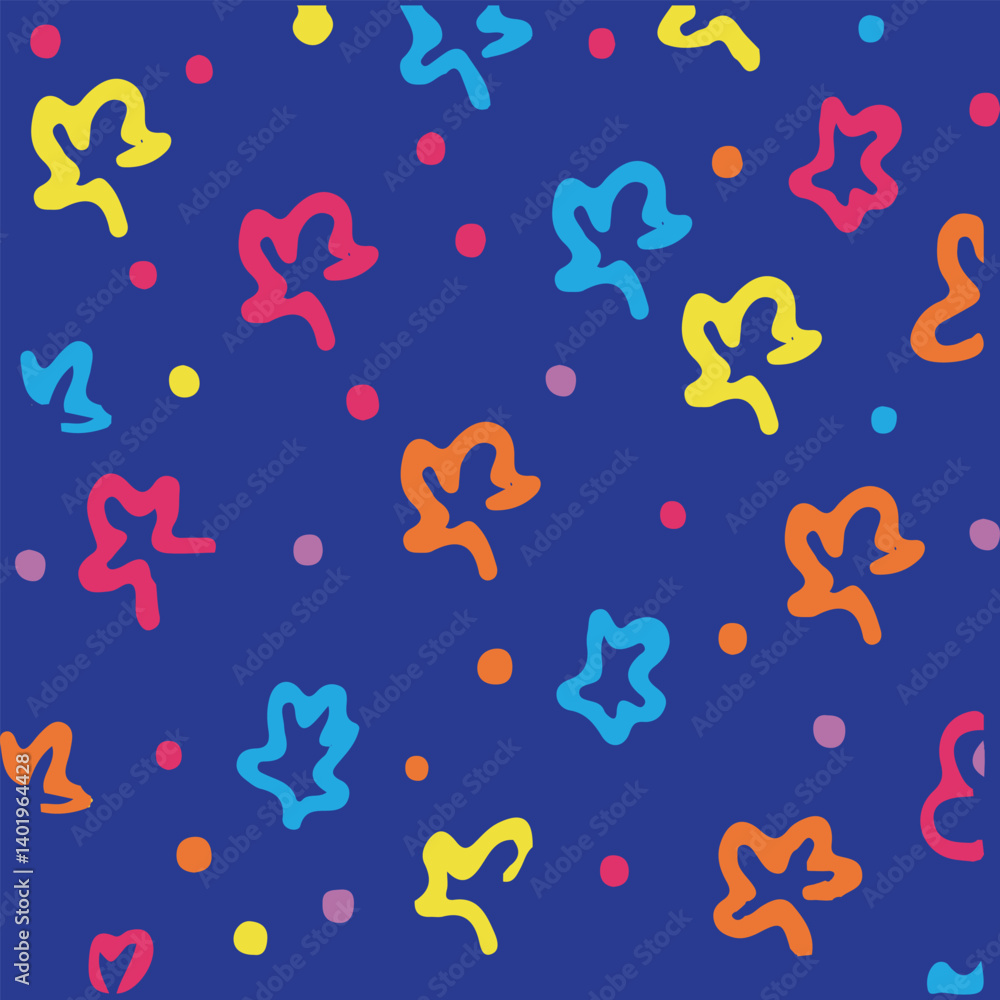 Obraz premium Fun colorful line doodle seamless pattern. Creative minimalist style art background for children or trendy design with basic shapes. Simple party confetti texture, childish scribble shape backdrop.