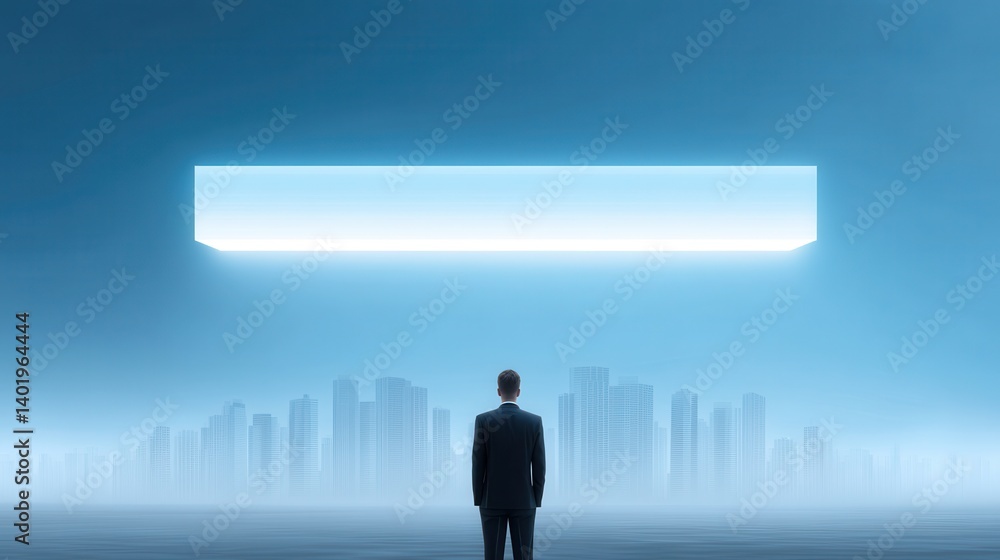 A silhouetted figure stands before a glowing rectangular shape above a cityscape, embodying themes of ambition and contemplation in a modern, digital environment. A silhouetted figure stands before a glowing rectangular shape above a cityscape, embodying themes of ambition and contemplation in a modern, digital environment.