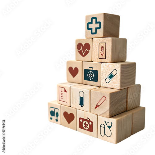 Health insurance concepthand arranging wood block stacking with icon healthcare medical
