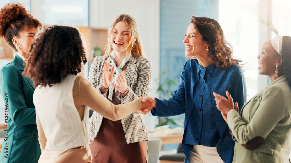 Fototapeta premium Happy women, handshake and meeting with applause for congratulations, greeting or introduction at office. Female people, colleagues or shaking hands with smile for agreement, winning or success