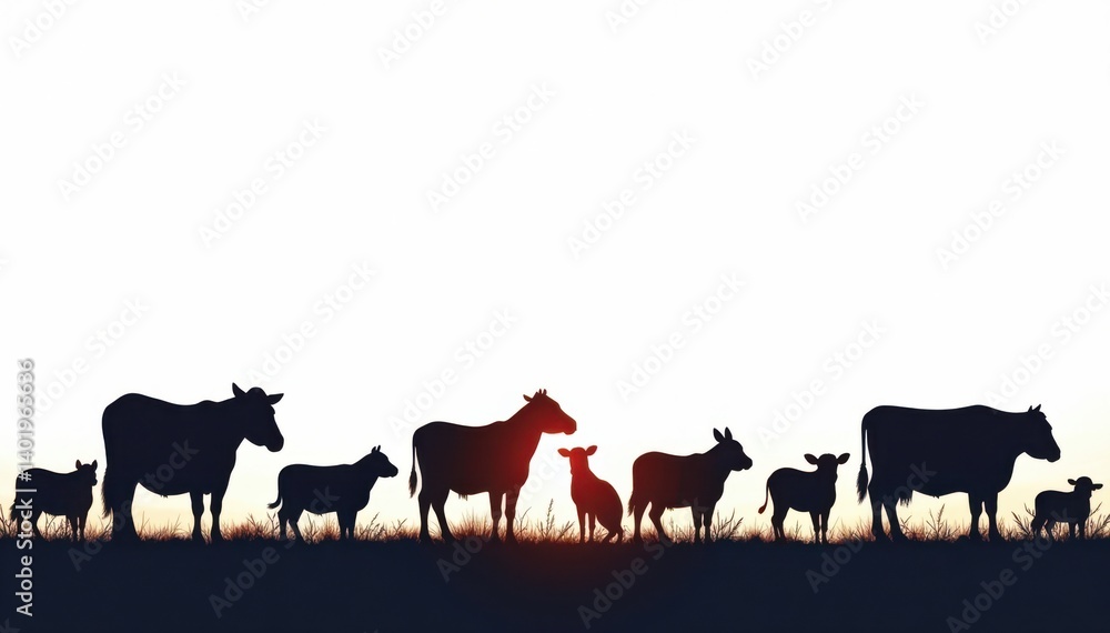 Obraz premium Farm animal silhouettes against a white background , nature, animals
