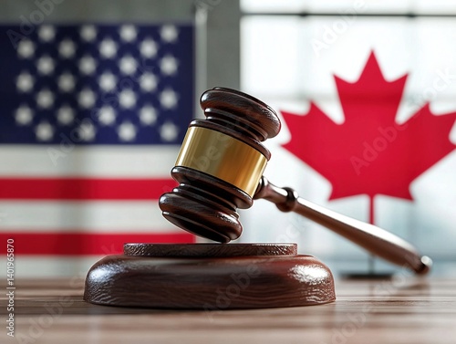 A court gavel with the Canadian and American flags in the background, symbolizing the trade dispute between Canada and the United States.