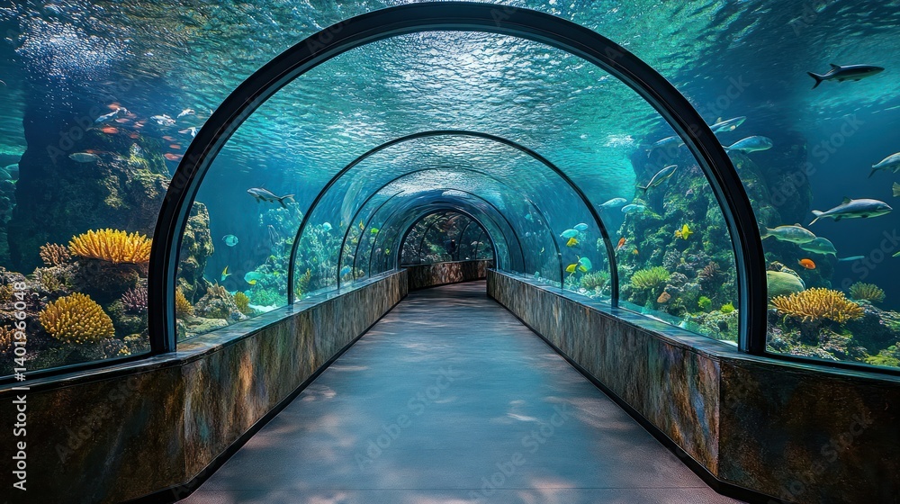 Fototapeta premium Underwater tunnel, vibrant marine life. Large aquarium passageway, showcasing diverse coral reefs and fish